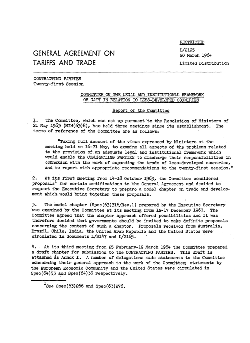 March 1964 TARIFFS and TRADE Limited Distribution