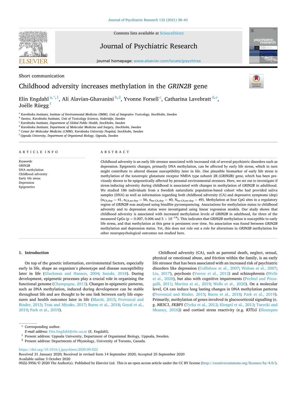 Childhood Adversity Increases Methylation in the GRIN2B Gene