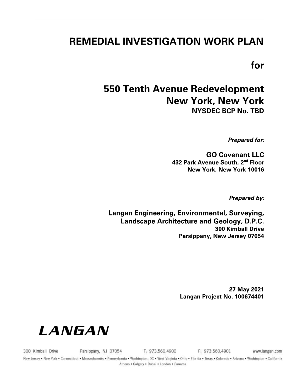 REMEDIAL INVESTIGATION WORK PLAN for 550 Tenth Avenue