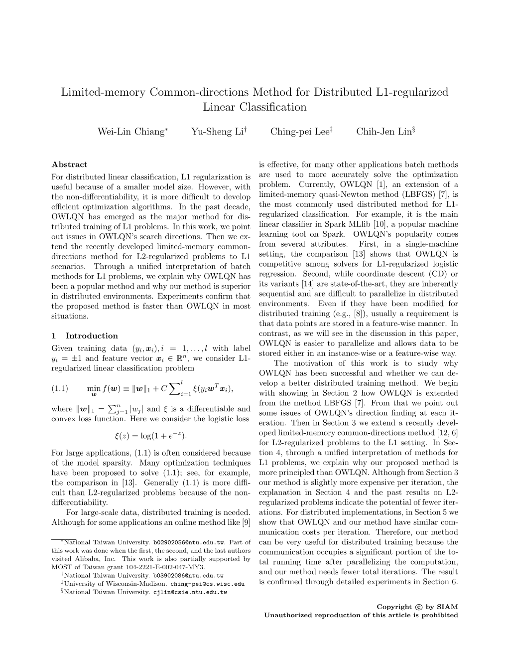 Limited-Memory Common-Directions Method for Distributed L1-Regularized Linear Classiﬁcation