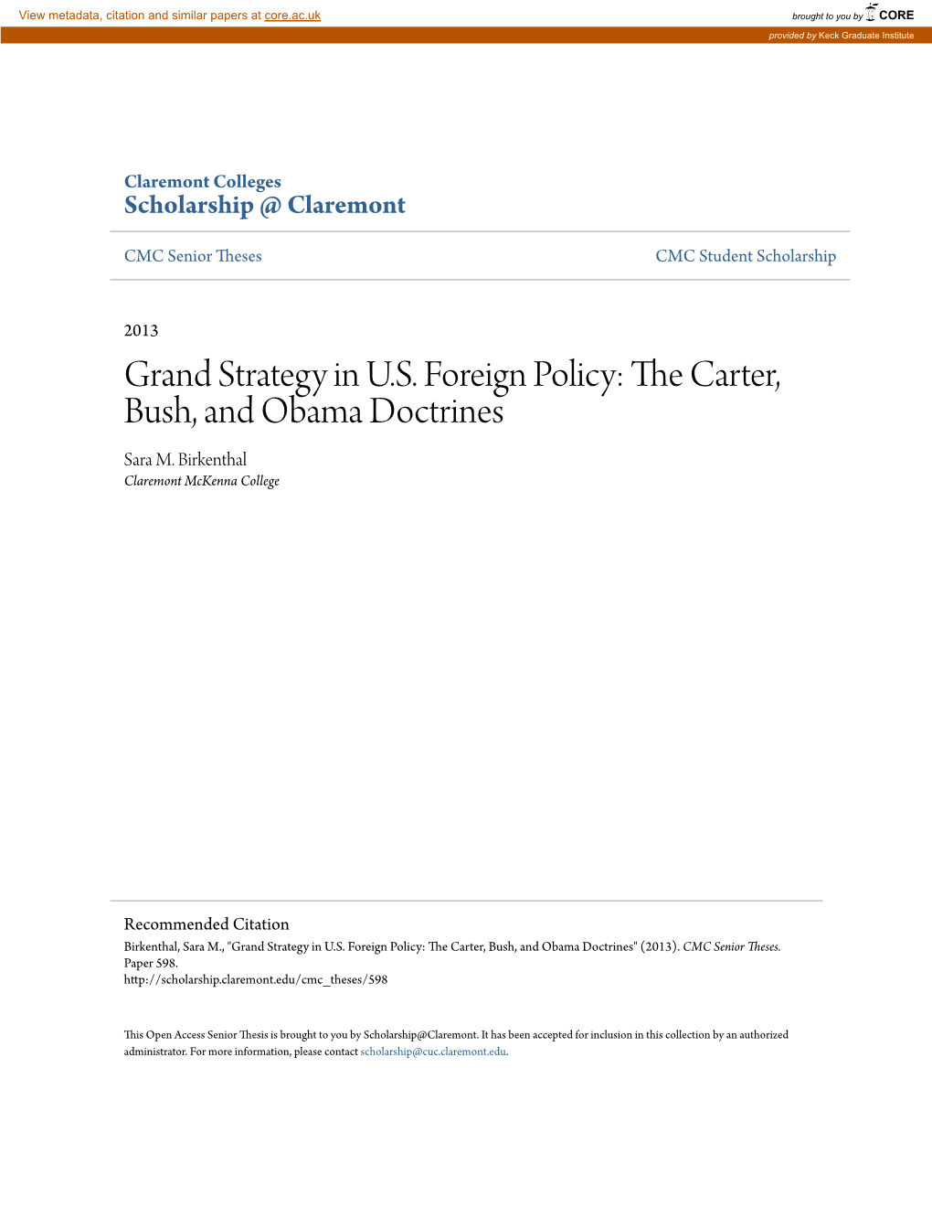 Grand Strategy in U.S. Foreign Policy: the Carter, Bush, and Obama Doctrines