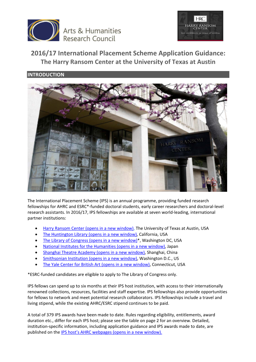 2016/17 International Placement Scheme Application Guidance: the Harry Ransom Center at the University of Texas at Austin