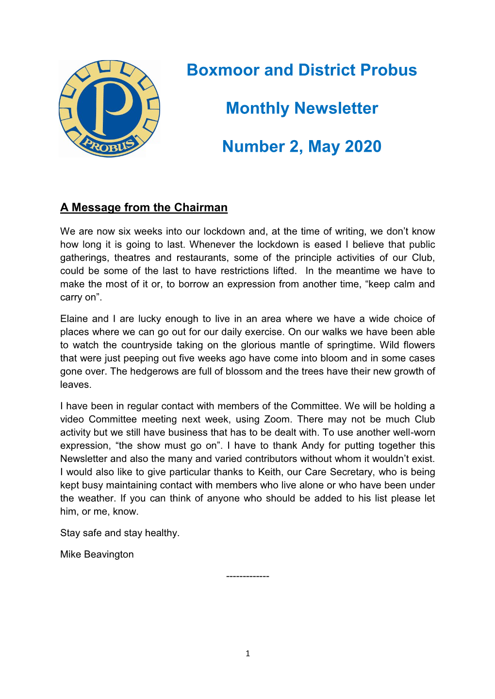 Boxmoor and District Probus Monthly Newsletter Number 2, May 2020