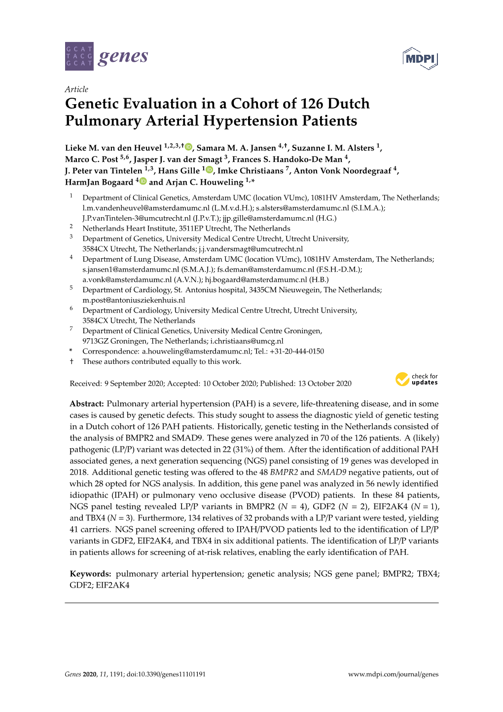 Genetic Evaluation in a Cohort of 126 Dutch Pulmonary Arterial Hypertension Patients