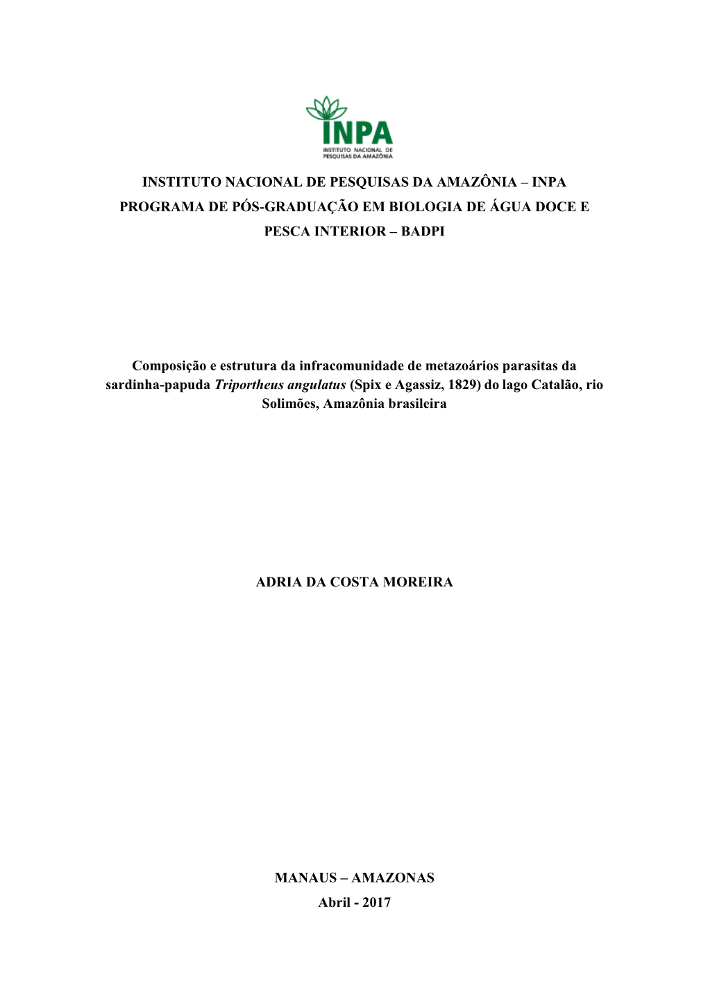 Inpa Programa De Pós-Graduação Em Biologia De Água Doce E Pesca Interior C