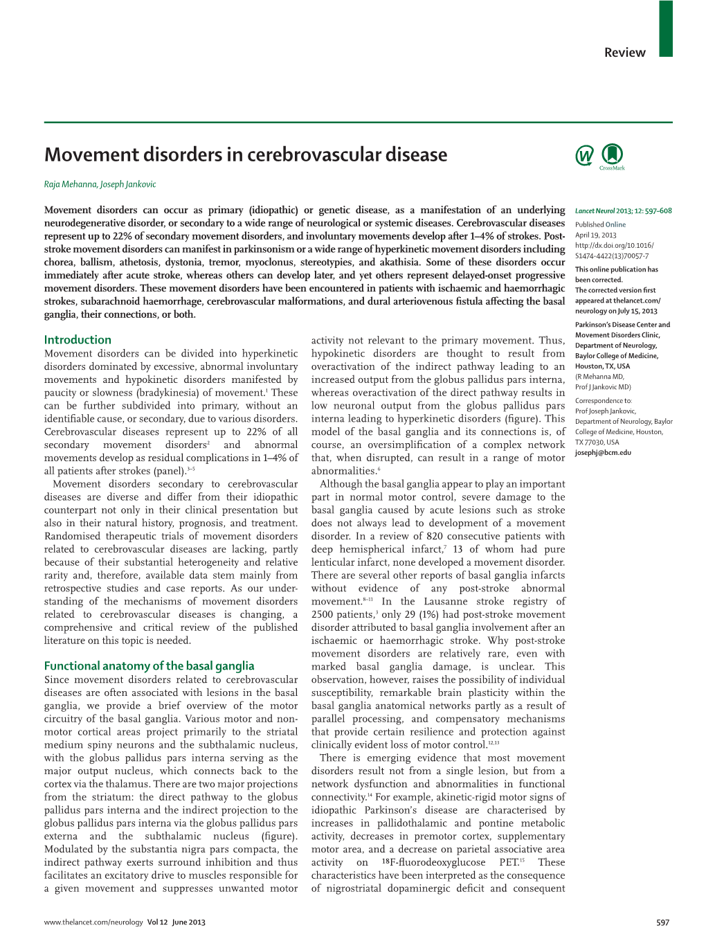 Movement Disorders in Cerebrovascular Disease