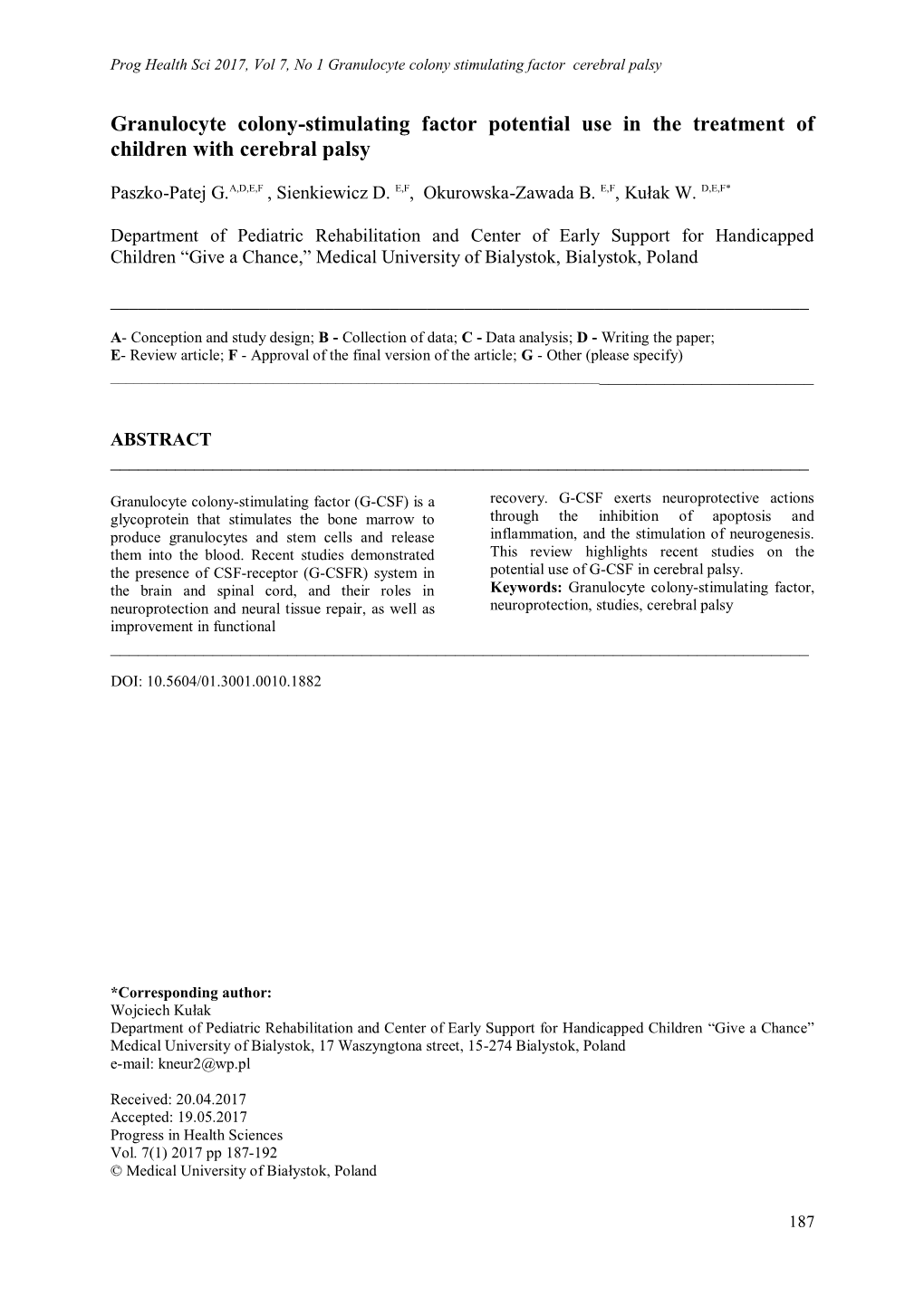 Granulocyte Colony-Stimulating Factor Potential Use in the Treatment of Children with Cerebral Palsy