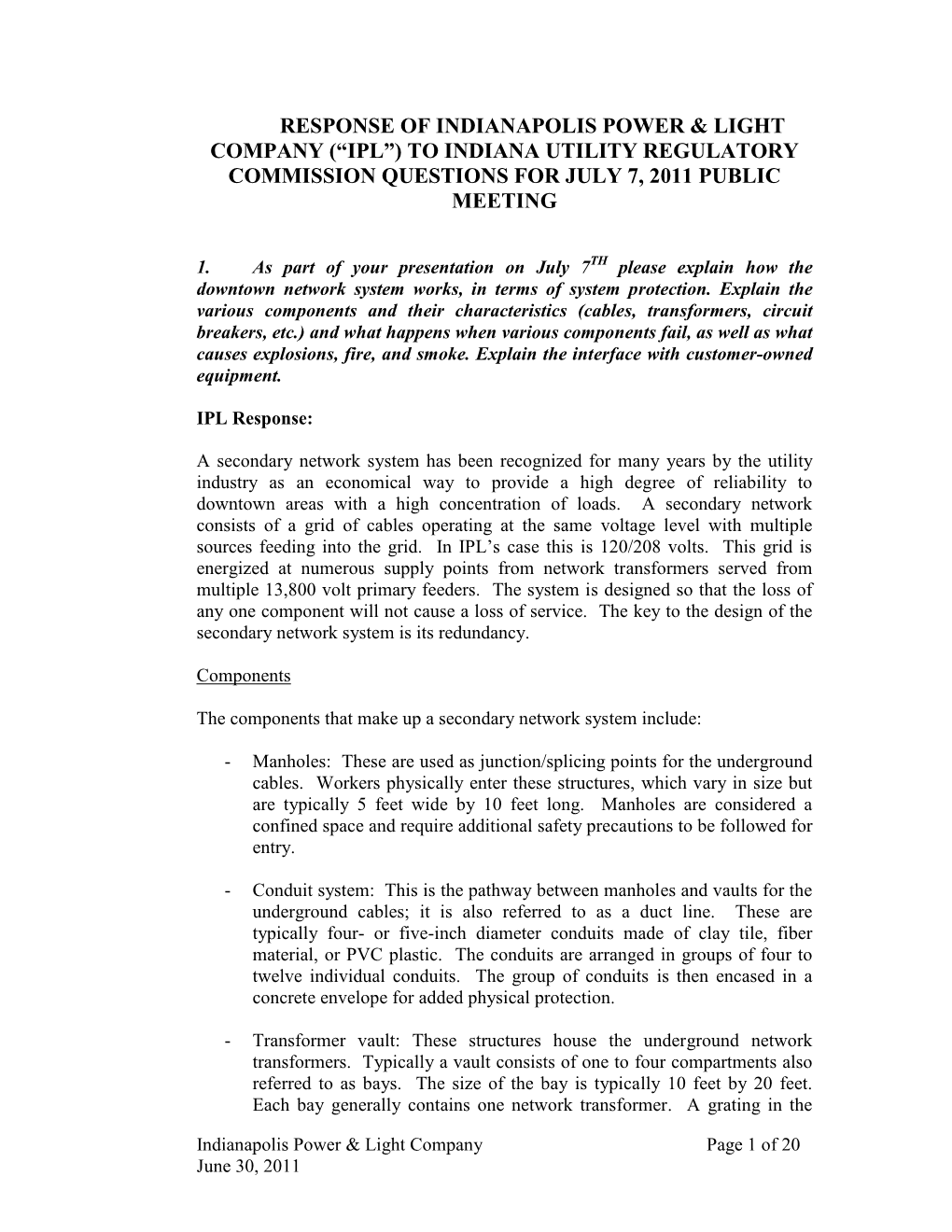 IPL Response to IURC Questions for the July 7, 2011 Public Meeting