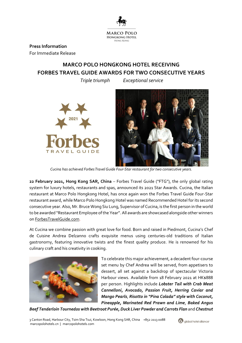 MARCO POLO HONGKONG HOTEL RECEIVING FORBES TRAVEL GUIDE AWARDS for TWO CONSECUTIVE YEARS Triple Triumph Exceptional Service