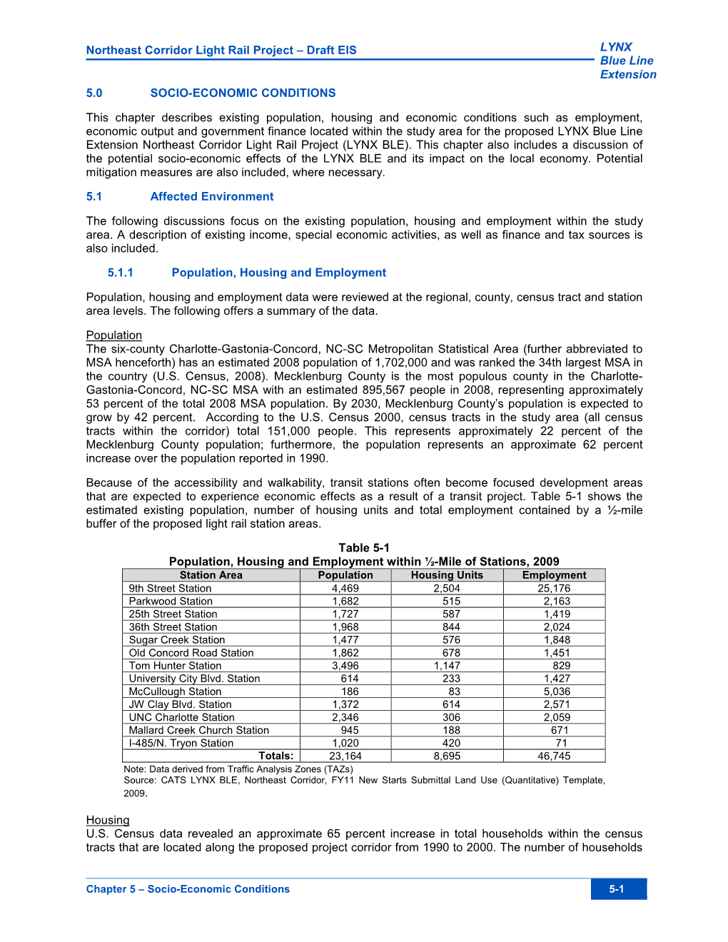 Northeast Corridor Light Rail Project – Draft EIS LYNX Blue Line Extension 5.0 SOCIO-ECONOMIC CONDITIONS This Chapter Describe