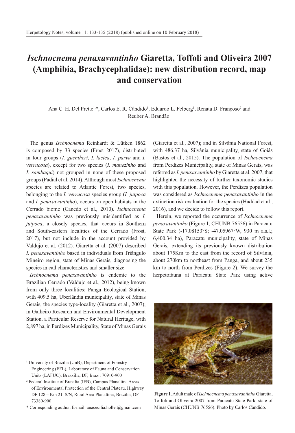 Ischnocnema Penaxavantinho Giaretta, Toffoli and Oliveira 2007 (Amphibia, Brachycephalidae): New Distribution Record, Map and Conservation