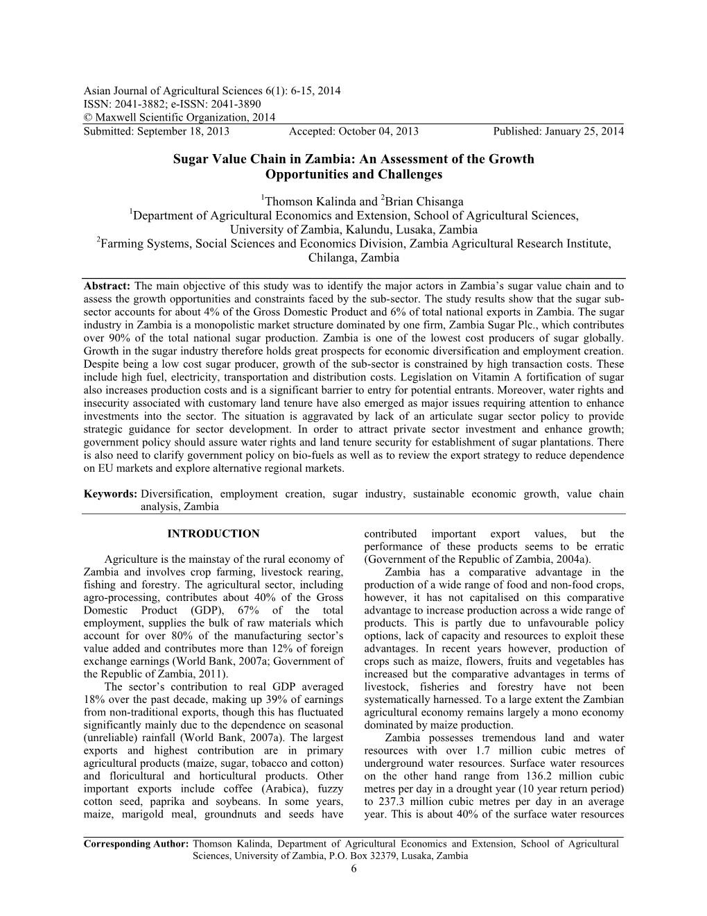 Sugar Value Chain in Zambia: an Assessment of the Growth Opportunities and Challenges