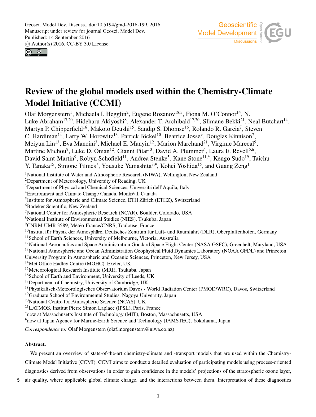 Review of the Global Models Used Within the Chemistry-Climate Model Initiative (CCMI) Olaf Morgenstern1, Michaela I