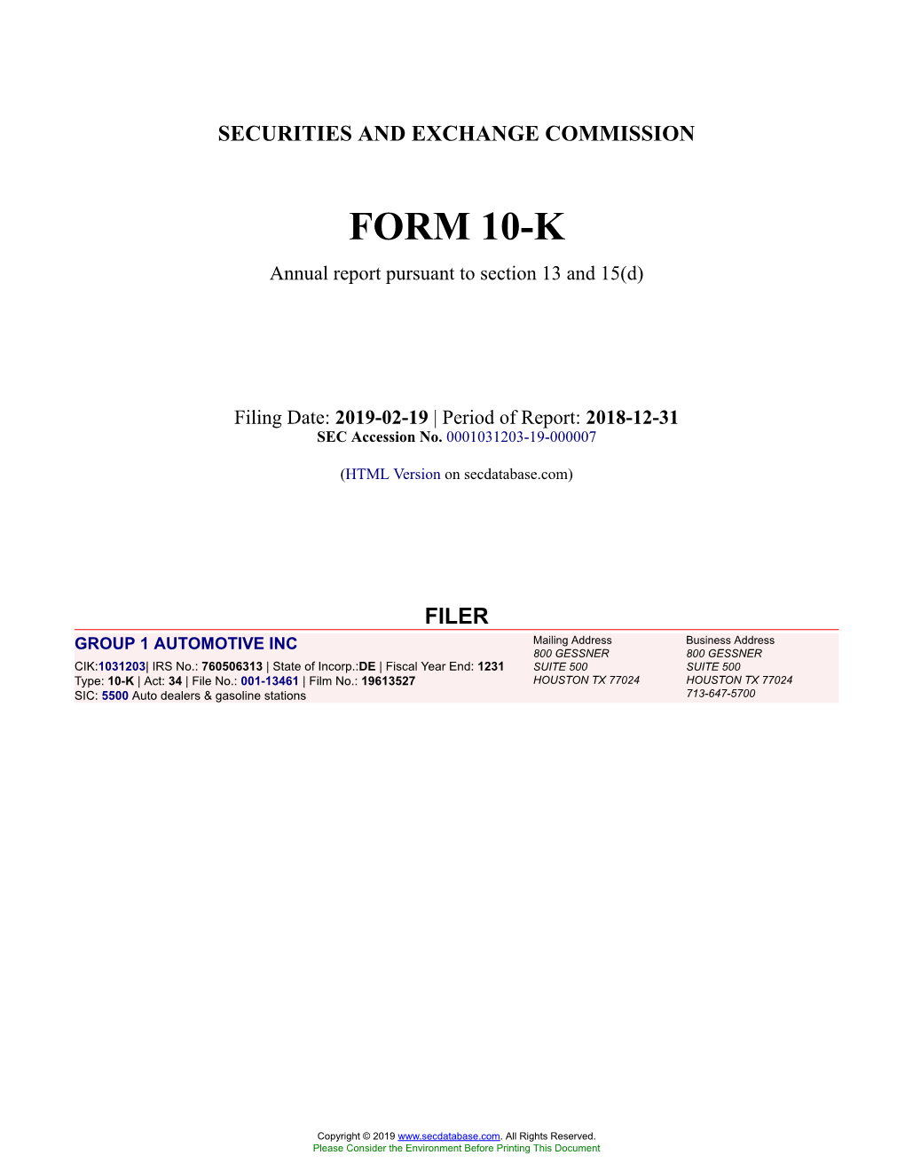 GROUP 1 AUTOMOTIVE INC Form 10-K Annual Report Filed 2019-02-19