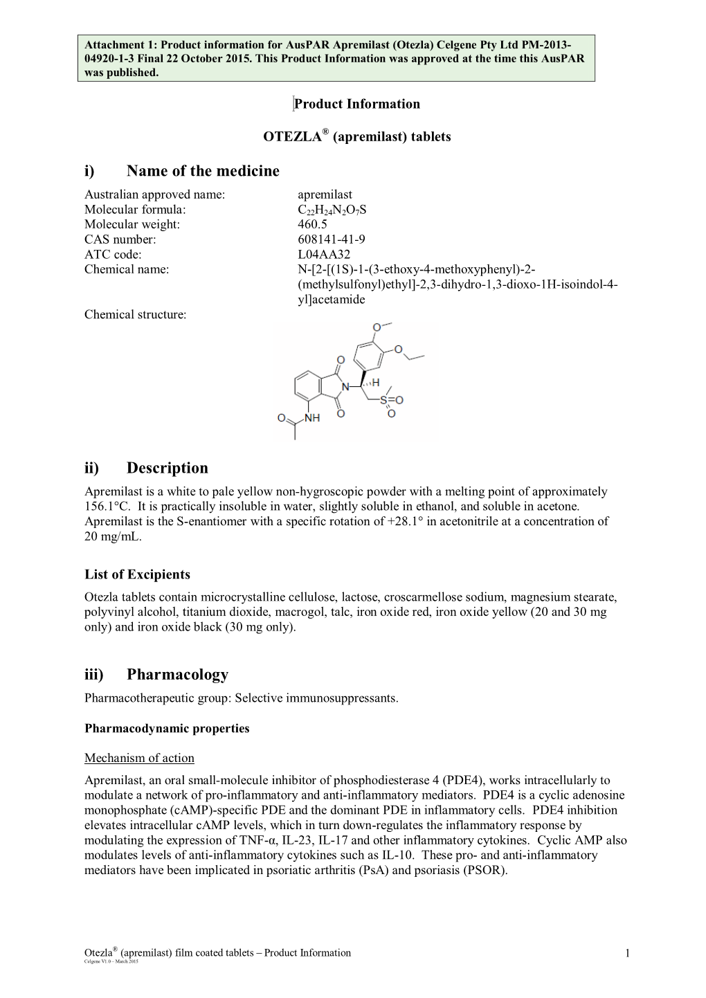 Auspar Attachment 1: Product Information for Otezla