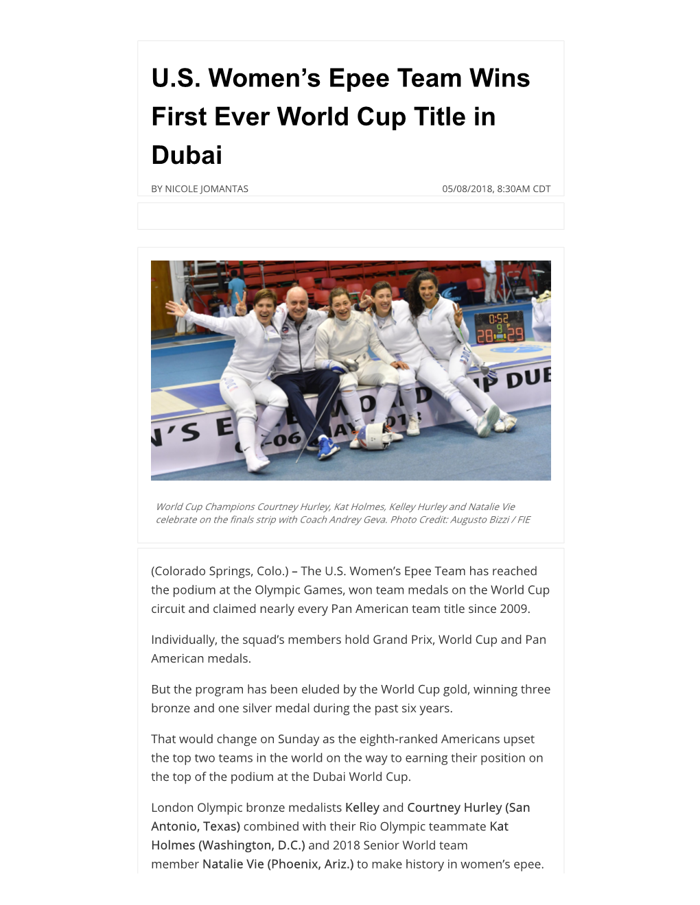 U.S. Women's Epee Team Wins First Ever World Cup Title in Dubai