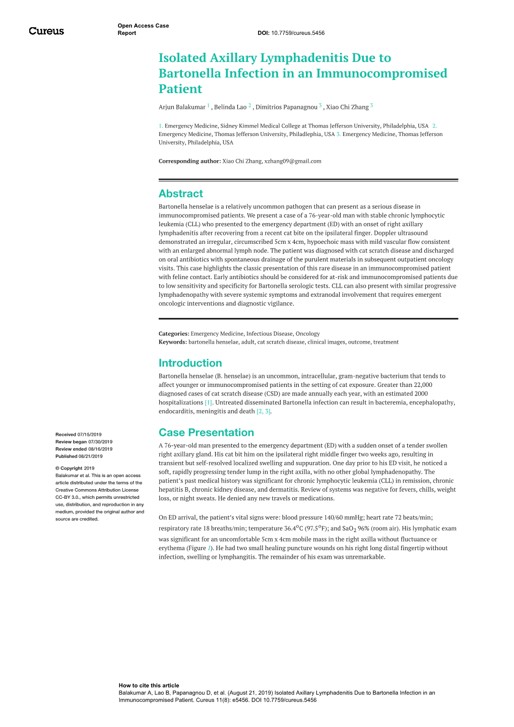 Isolated Axillary Lymphadenitis Due to Bartonella Infection in an Immunocompromised Patient