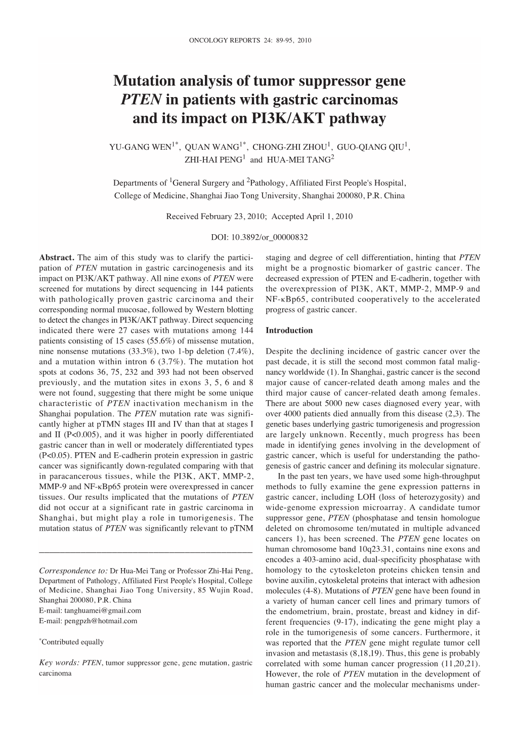 Mutation Analysis of Tumor Suppressor Gene PTEN in Patients with Gastric Carcinomas and Its Impact on PI3K/AKT Pathway