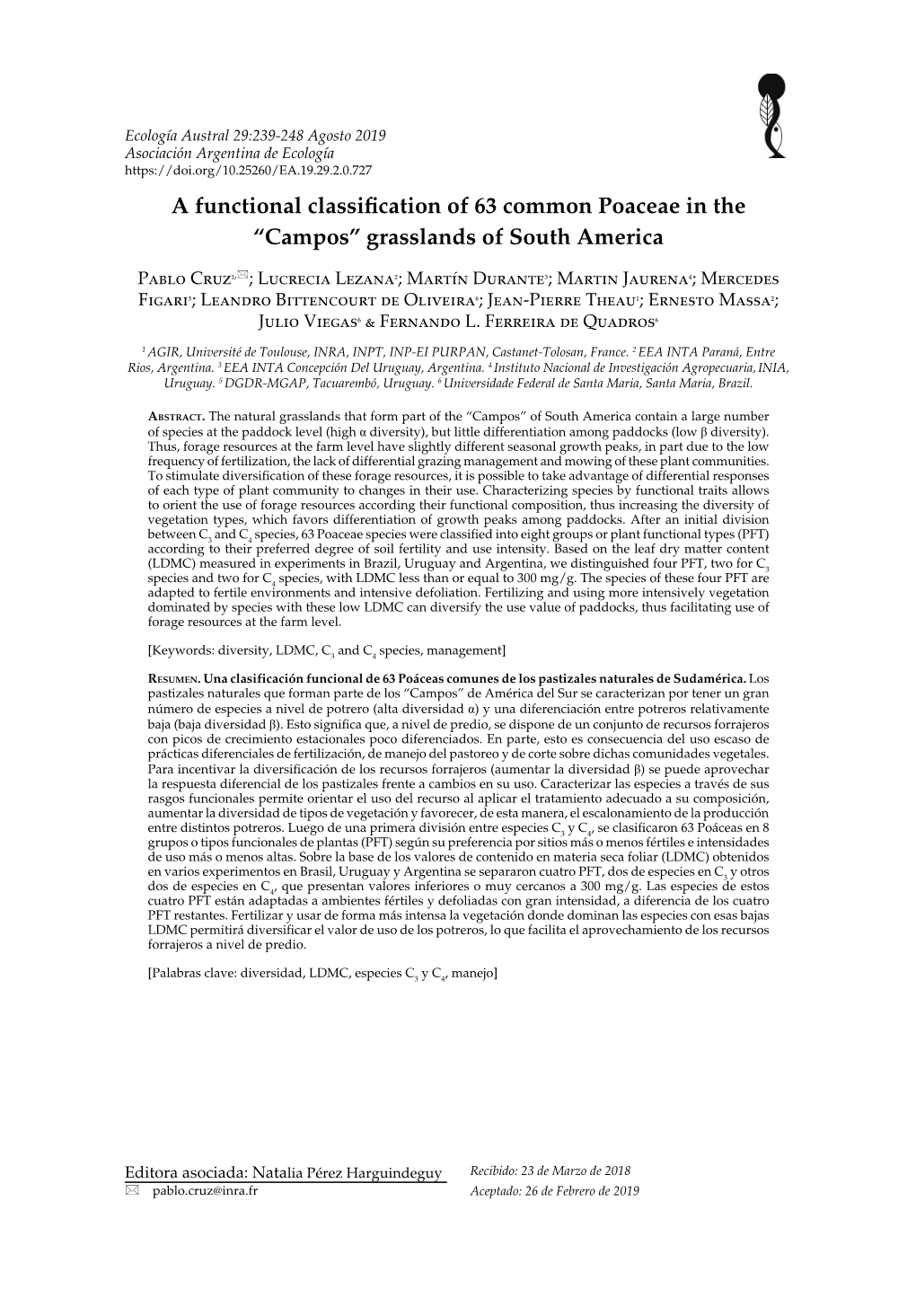 A Functional Classification of 63 Common Poaceae in the “Campos” Grasslands of South America