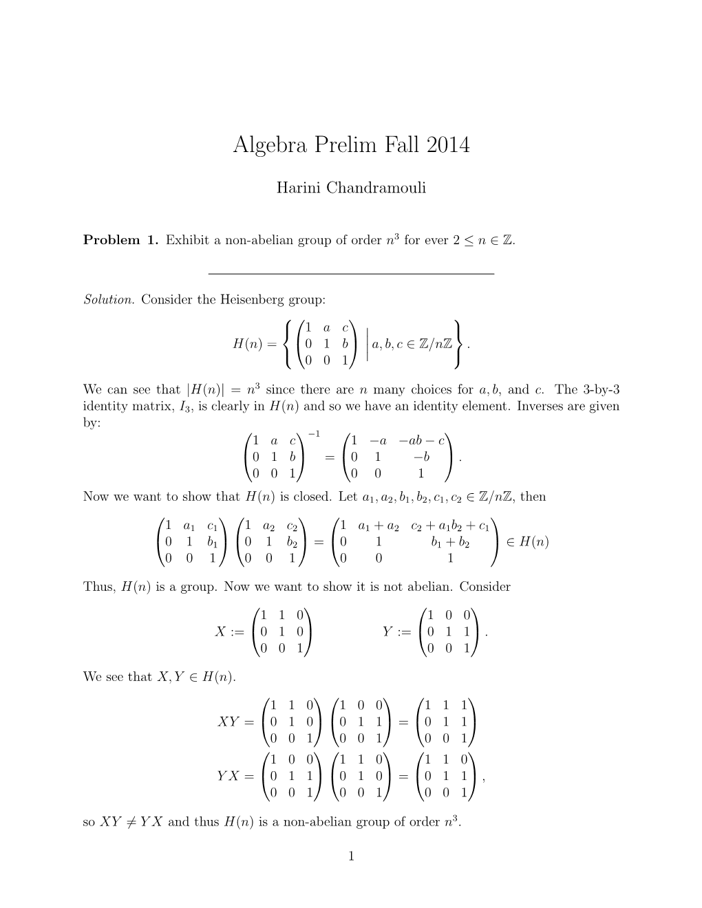 Algebra Prelim Fall 2014