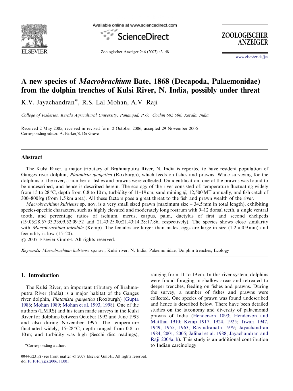 A New Species of Macrobrachium Bate, 1868 (Decapoda, Palaemonidae) from the Dolphin Trenches of Kulsi River, N