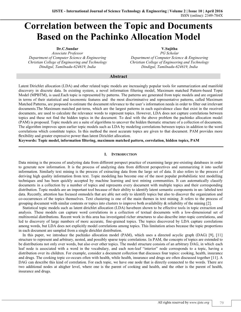 Correlation Between the Topic and Documents Based on the Pachinko Allocation Model (IJSTE/ Volume 2 / Issue 10 / 017)