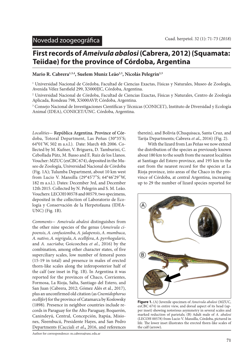 First Records of Ameivula Abalosi(Cabrera, 2012) (Squamata