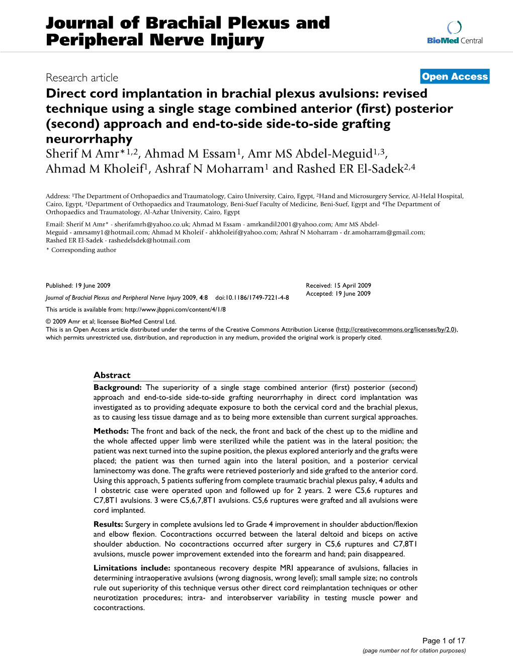 Journal of Brachial Plexus and Peripheral Nerve Injury Biomed Central