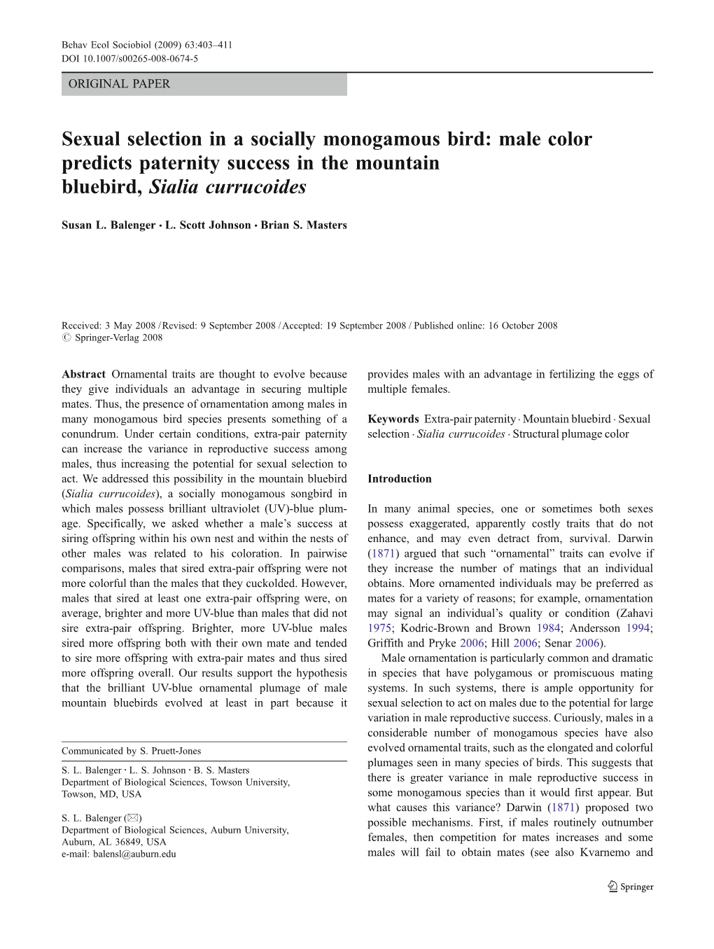 Sexual Selection in a Socially Monogamous Bird: Male Color Predicts Paternity Success in the Mountain Bluebird, Sialia Currucoides