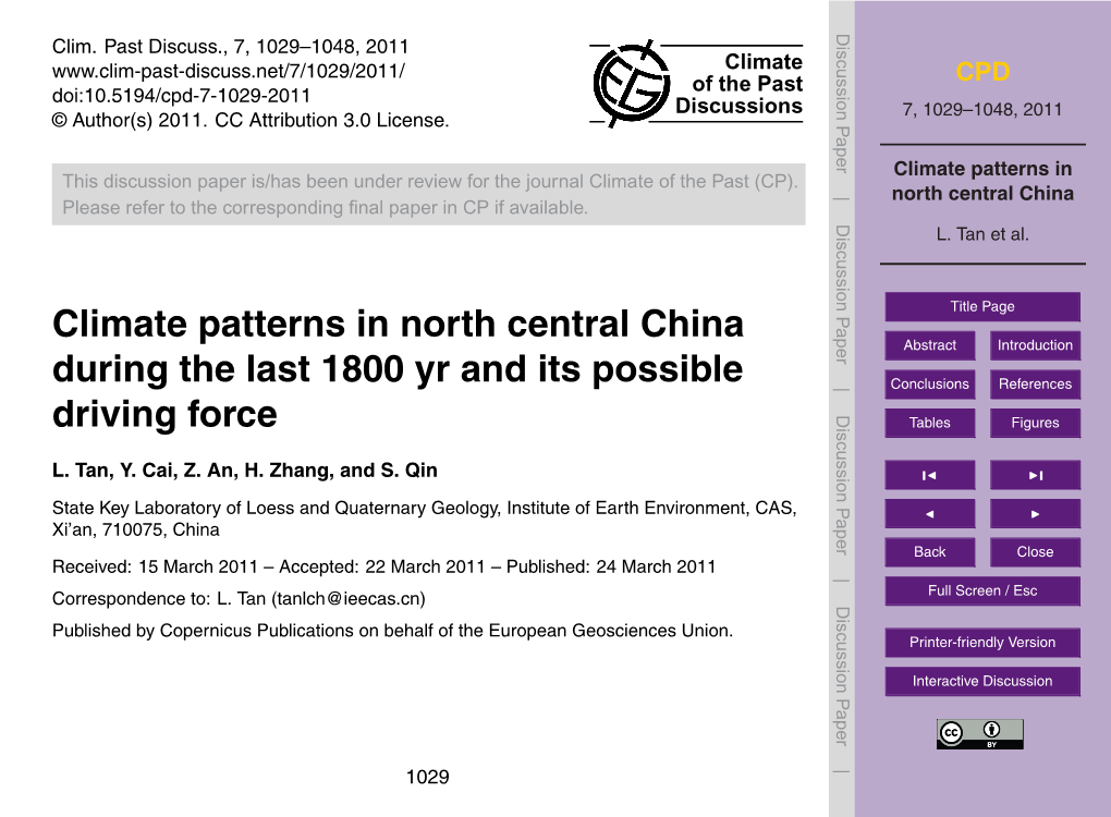 Climate Patterns in North Central China Title Page Abstract Introduction During the Last 1800 Yr and Its Possible Conclusions References Driving Force Tables Figures