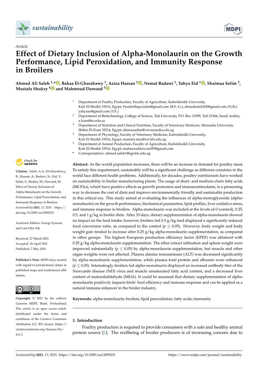 Effect of Dietary Inclusion of Alpha-Monolaurin on the Growth Performance, Lipid Peroxidation, and Immunity Response in Broilers