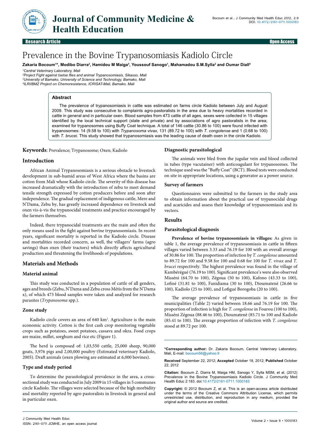 Prevalence in the Bovine Trypanosomiasis Kadiolo Circle