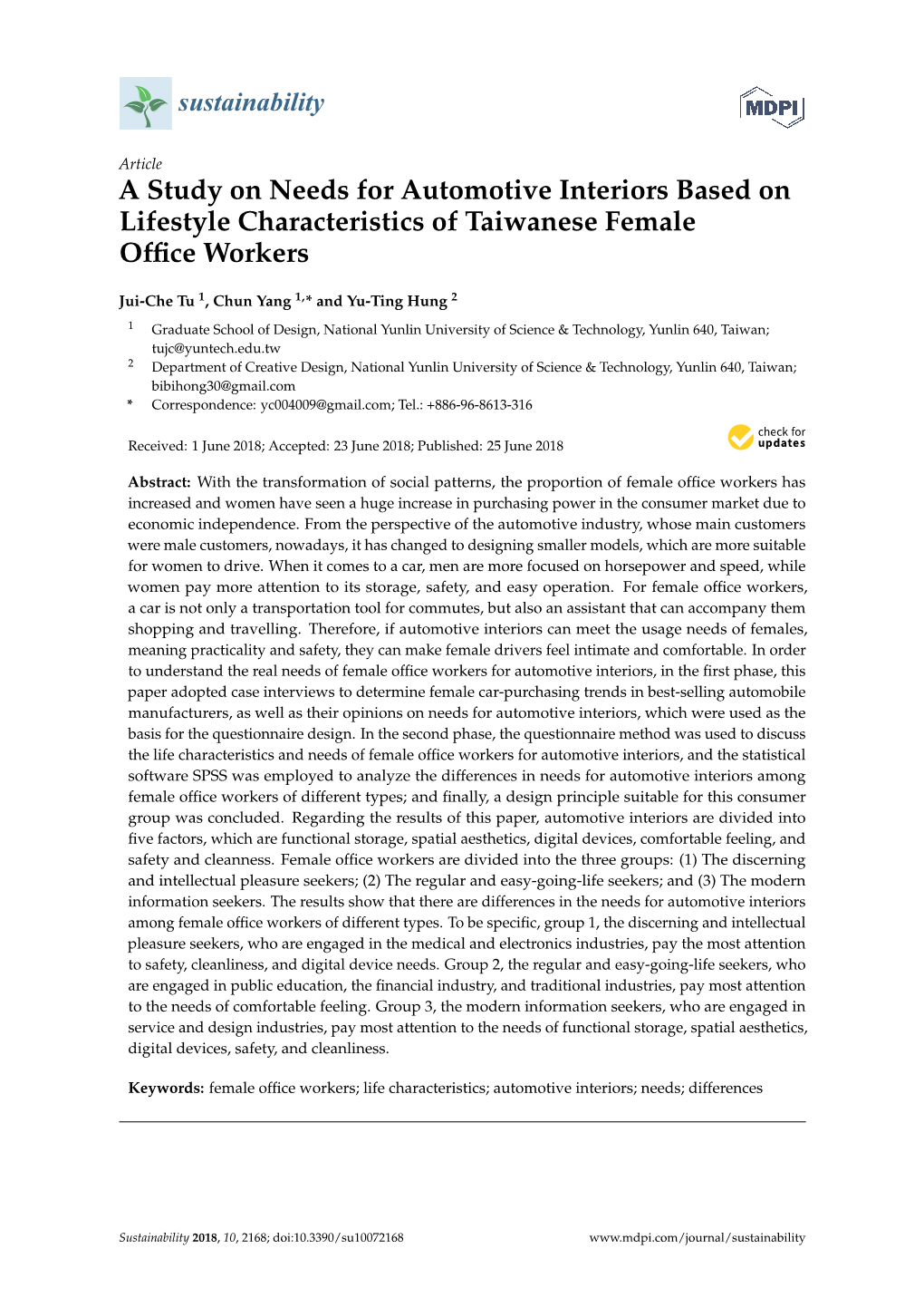 A Study on Needs for Automotive Interiors Based on Lifestyle Characteristics of Taiwanese Female Ofﬁce Workers