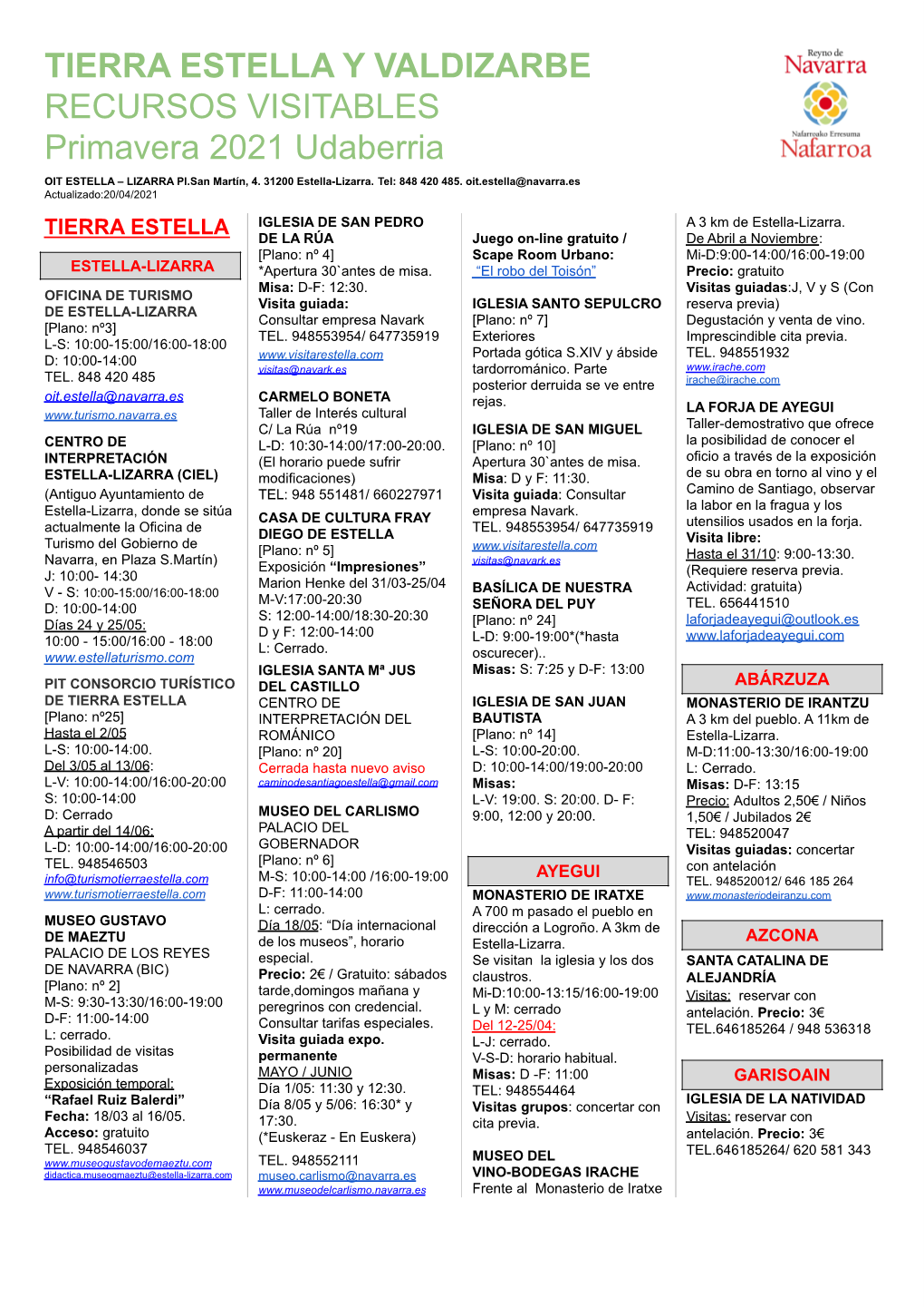 TIERRA ESTELLA Y VALDIZARBE RECURSOS VISITABLES Primavera 2021 Udaberria OIT ESTELLA – LIZARRA Pl.San Martín, 4