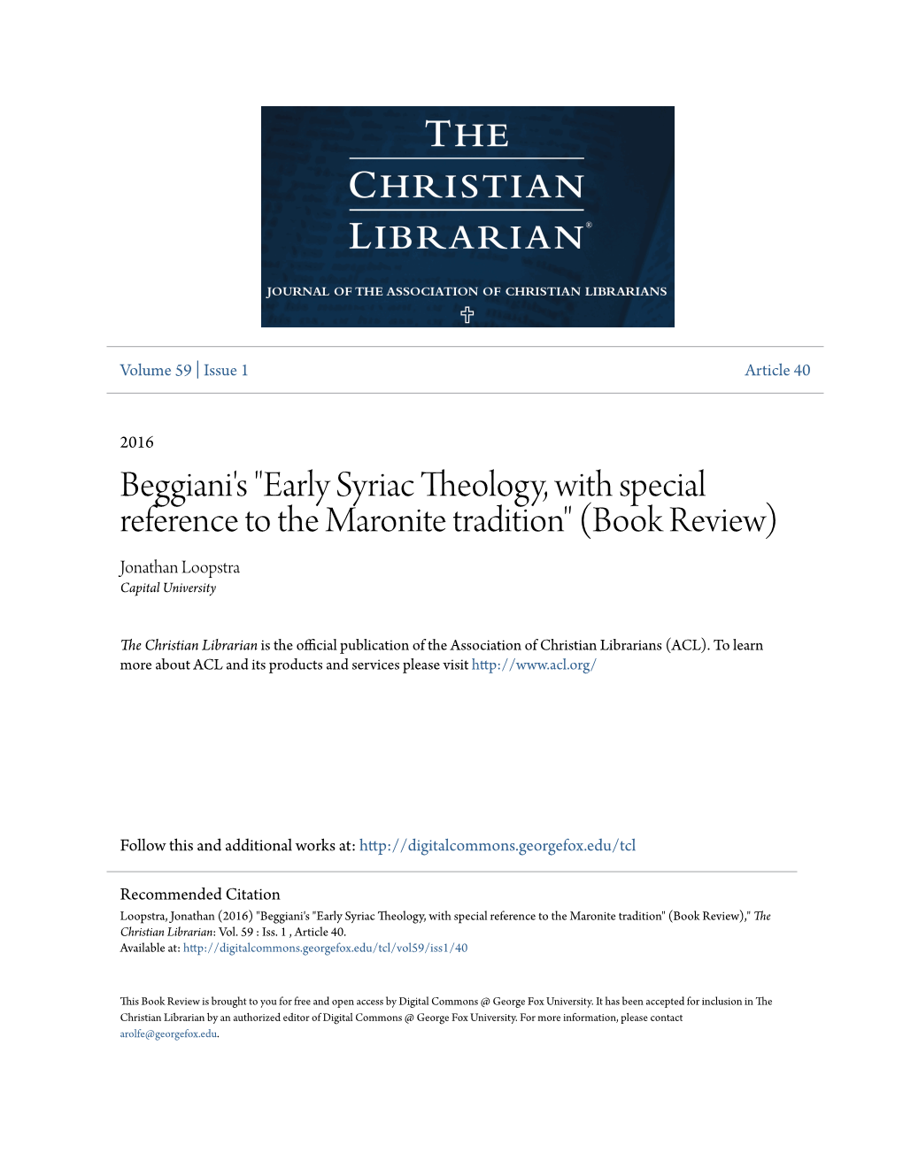 Early Syriac Theology, with Special Reference to the Maronite Tradition" (Book Review) Jonathan Loopstra Capital University