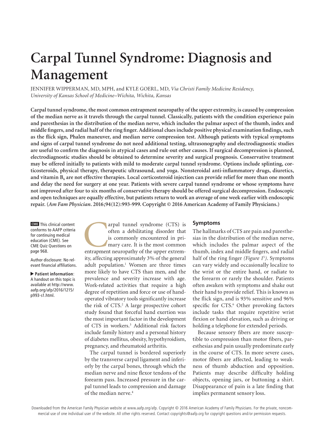 Diagnosis and Management of Carpal Tunnel Syndrome