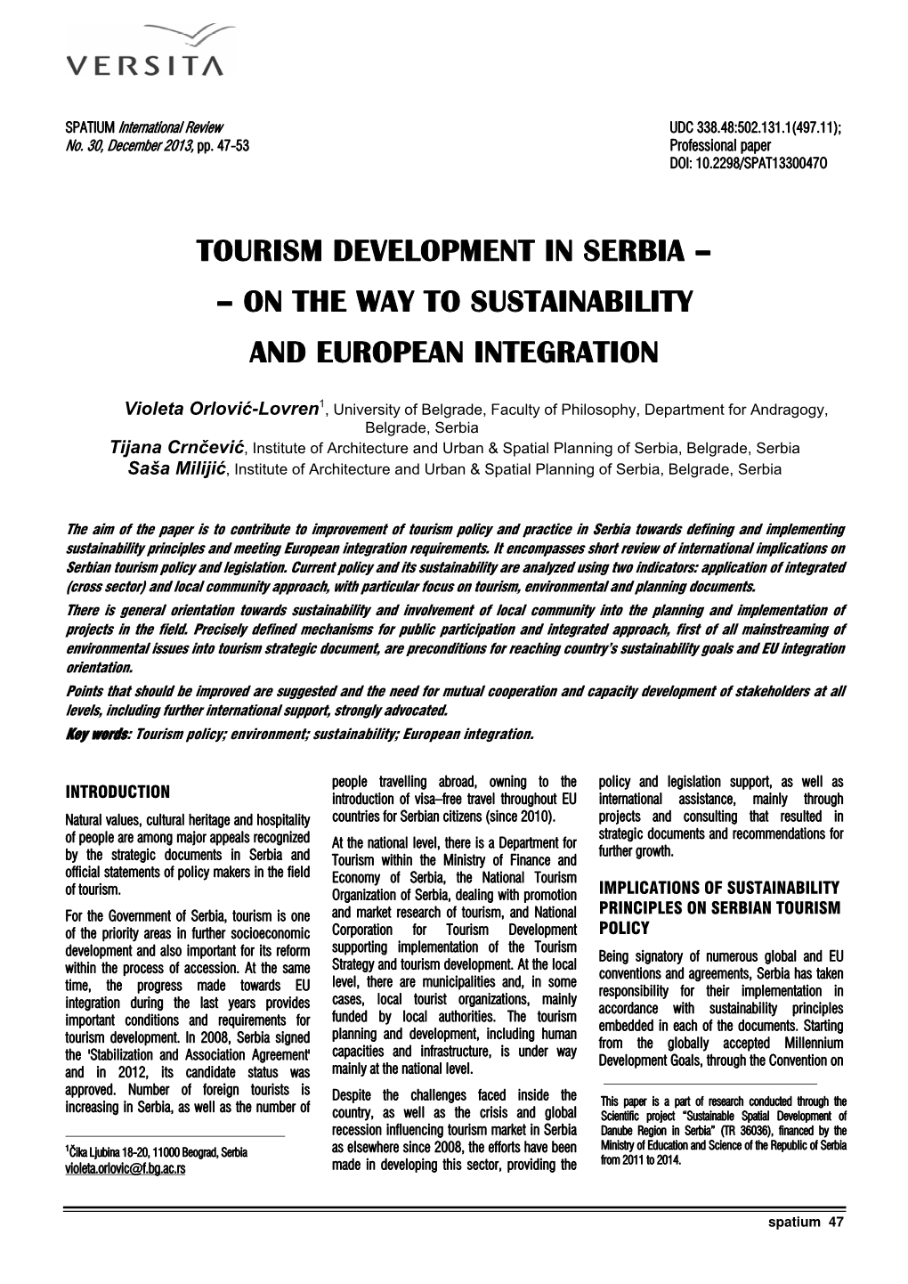 Tourism Development in Serbia – – on the Way to Sustainability and European Integration