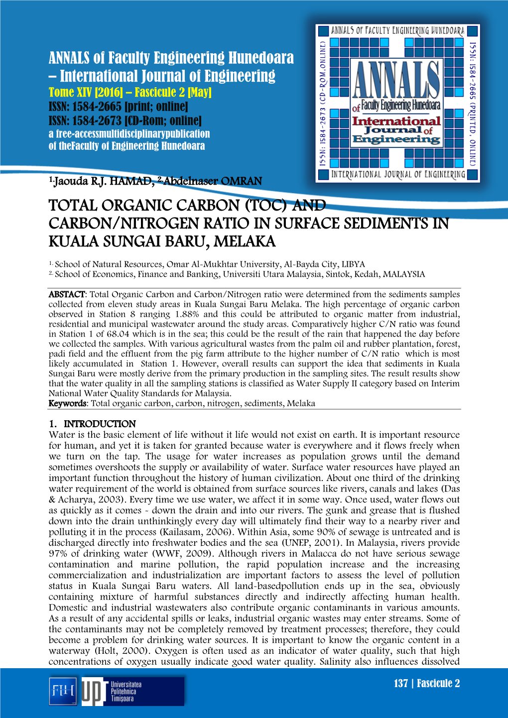 (Toc) and Carbon/Nitrogen Ratio in Surface Sediments in Kuala Sungai Baru, Melaka