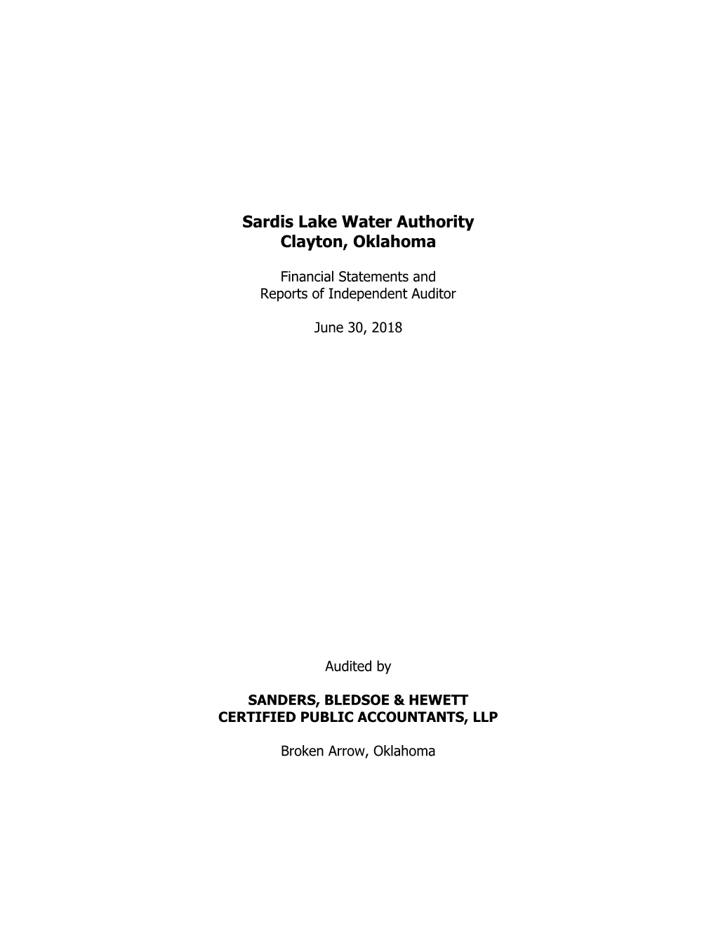 Sardis Lake Water Authority Clayton, Oklahoma