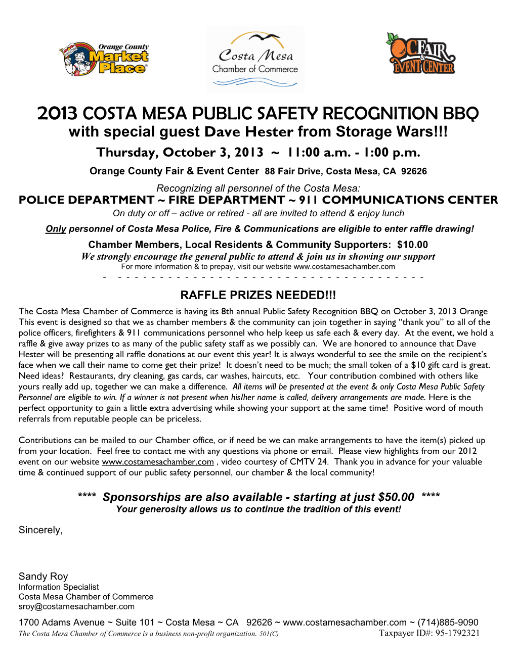 2013 PUBLIC SAFETY BBQ Raffle Request Letter