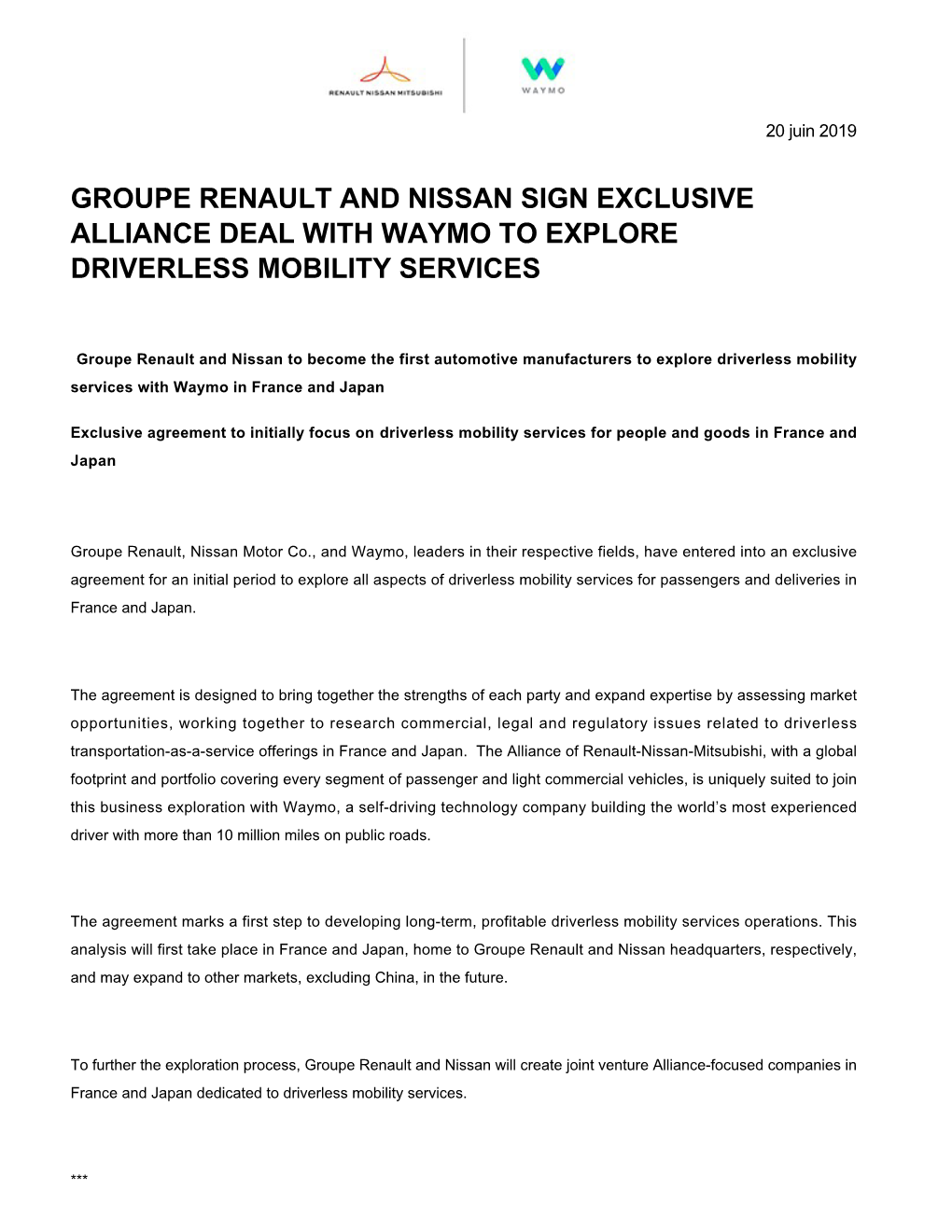 Groupe Renault and Nissan Sign Exclusive Alliance Deal with Waymo to Explore Driverless Mobility Services