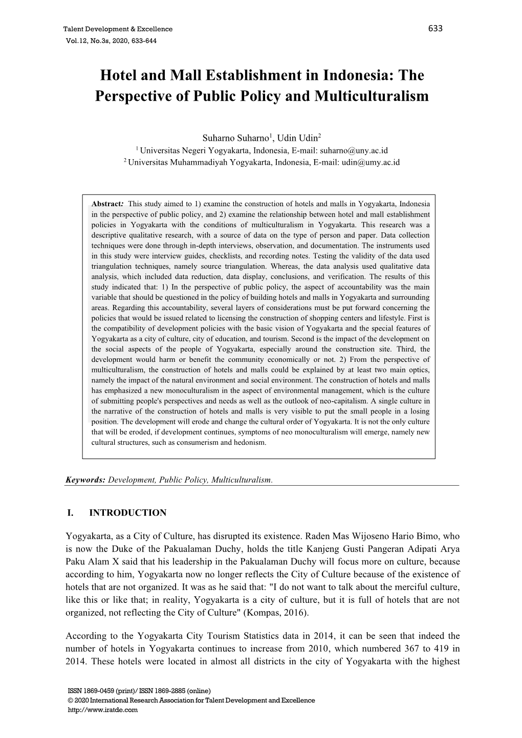 Hotel and Mall Establishment in Indonesia: the Perspective of Public Policy and Multiculturalism