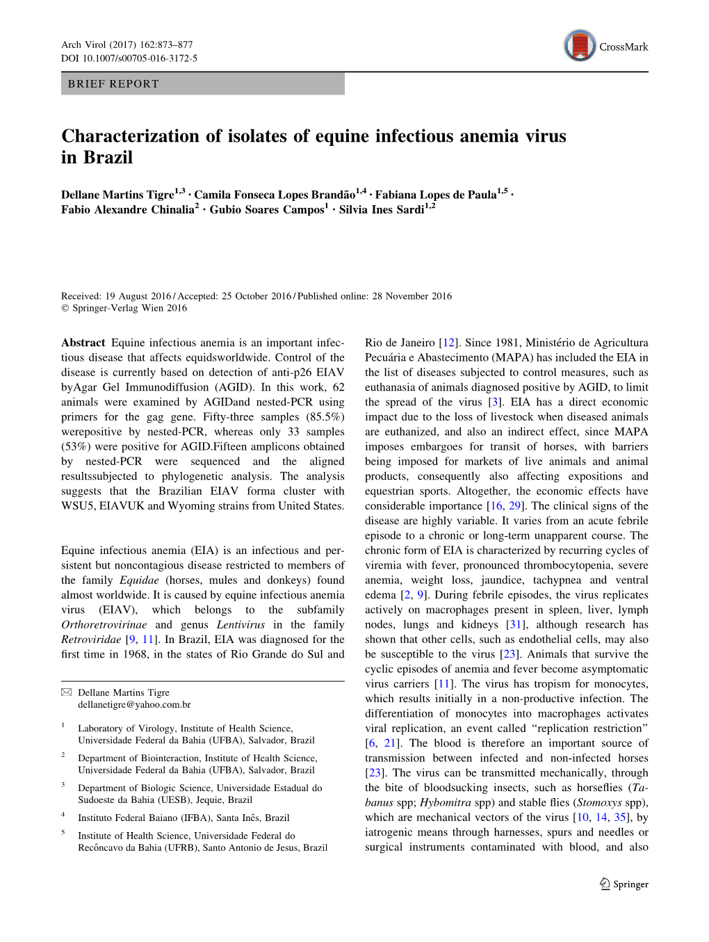 Characterization of Isolates of Equine Infectious Anemia Virus in Brazil