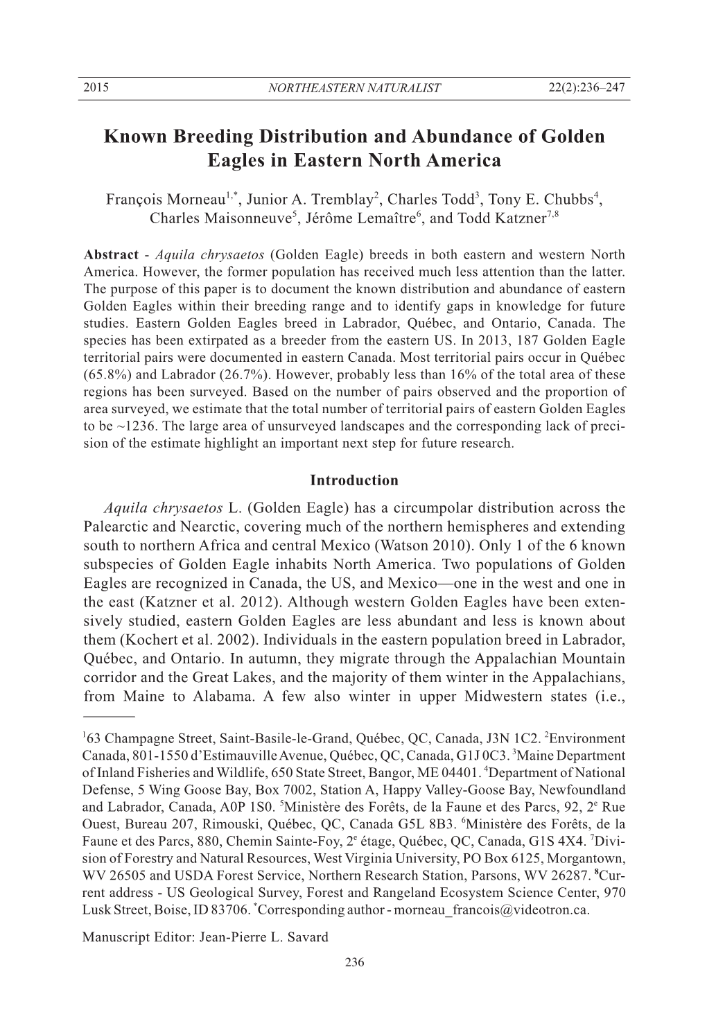 Known Breeding Distribution and Abundance of Golden Eagles in Eastern North America