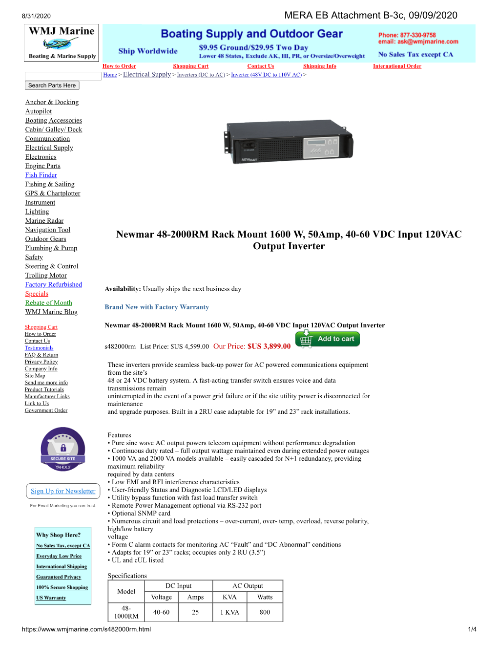 Newmar 48-2000RM Rack Mount 1600 W, 50Amp, 40-60 VDC Input 120VAC Output Inverter