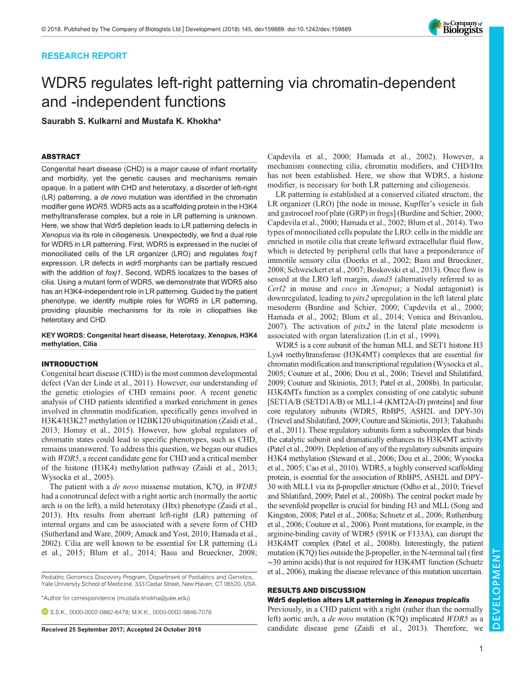 WDR5 Regulates Left-Right Patterning Via Chromatin-Dependent and -Independent Functions Saurabh S