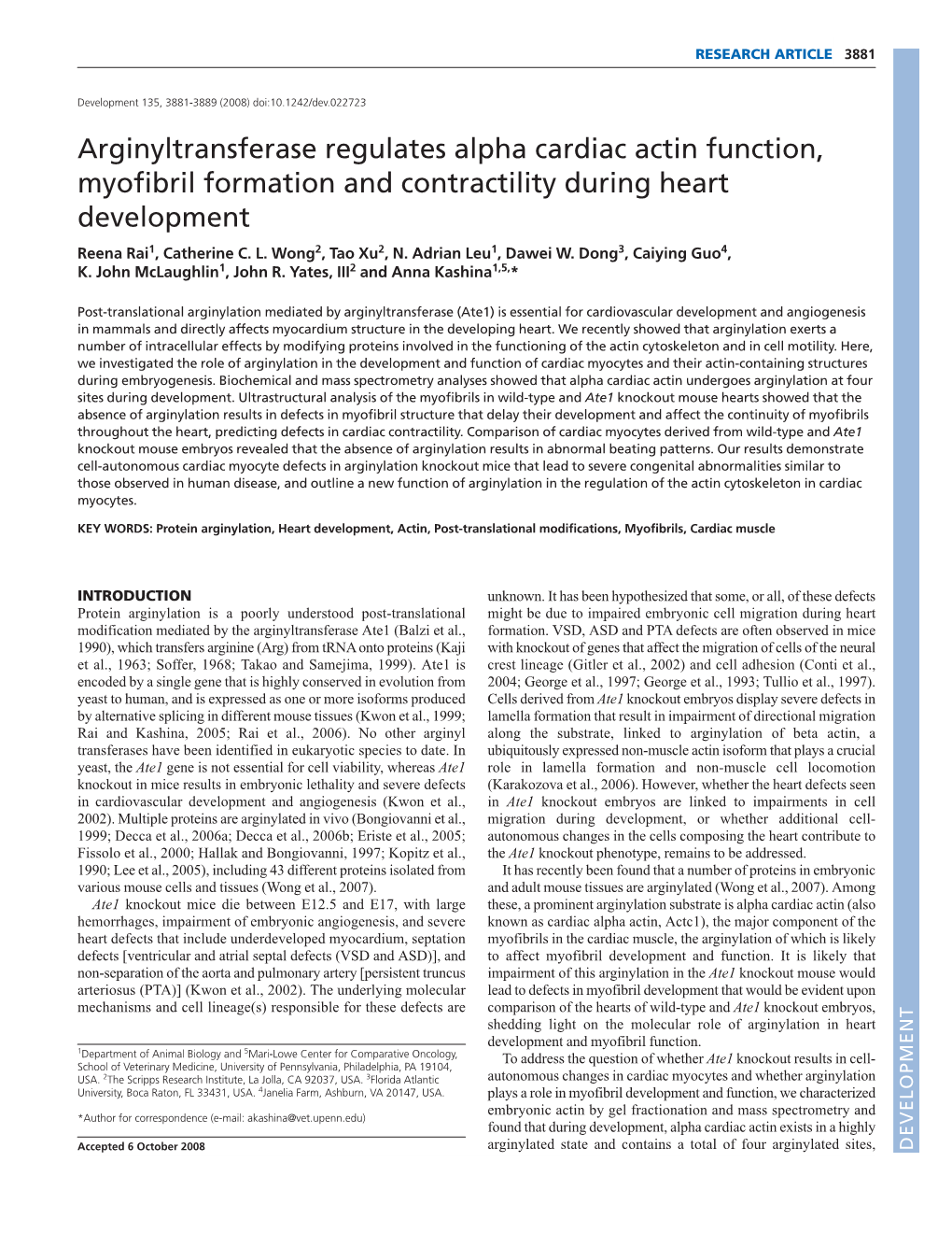 Arginyltransferase Regulates Alpha Cardiac Actin Function, Myofibril Formation and Contractility During Heart Development Reena Rai1, Catherine C