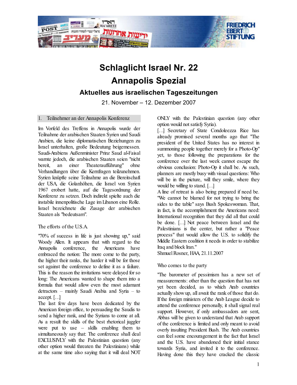 Schlaglicht Israel Nr. 22 Annapolis Spezial Aktuelles Aus Israelischen Tageszeitungen 21