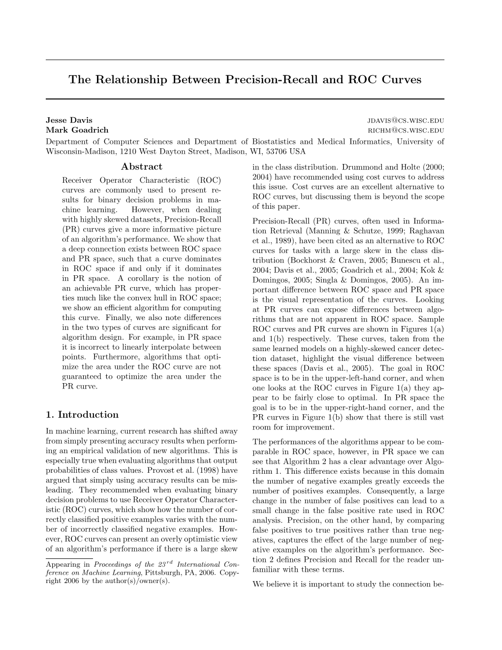 The Relationship Between Precision-Recall and ROC Curves