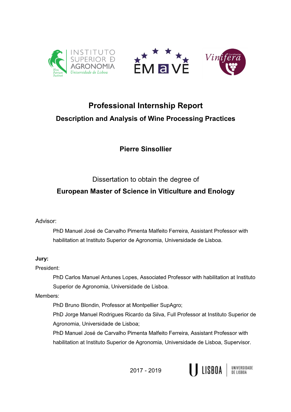 Professional Internship Report Description and Analysis of Wine Processing Practices